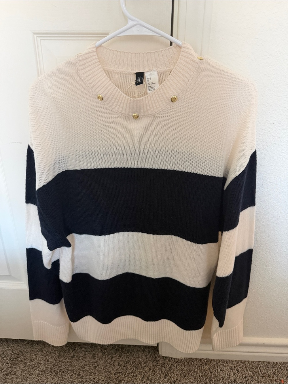 Striped Crewneck Sweater in Cream and Black - Gold Button Detail